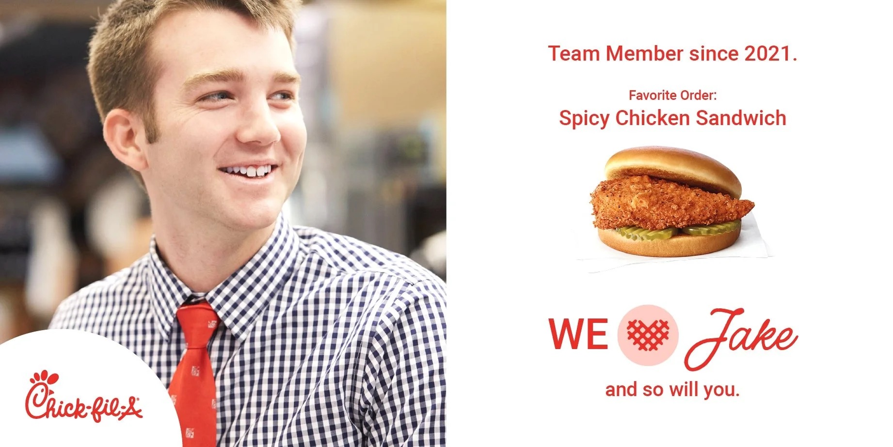 Chick-fil-A Facebook employee appreciation post concept featuring Jake