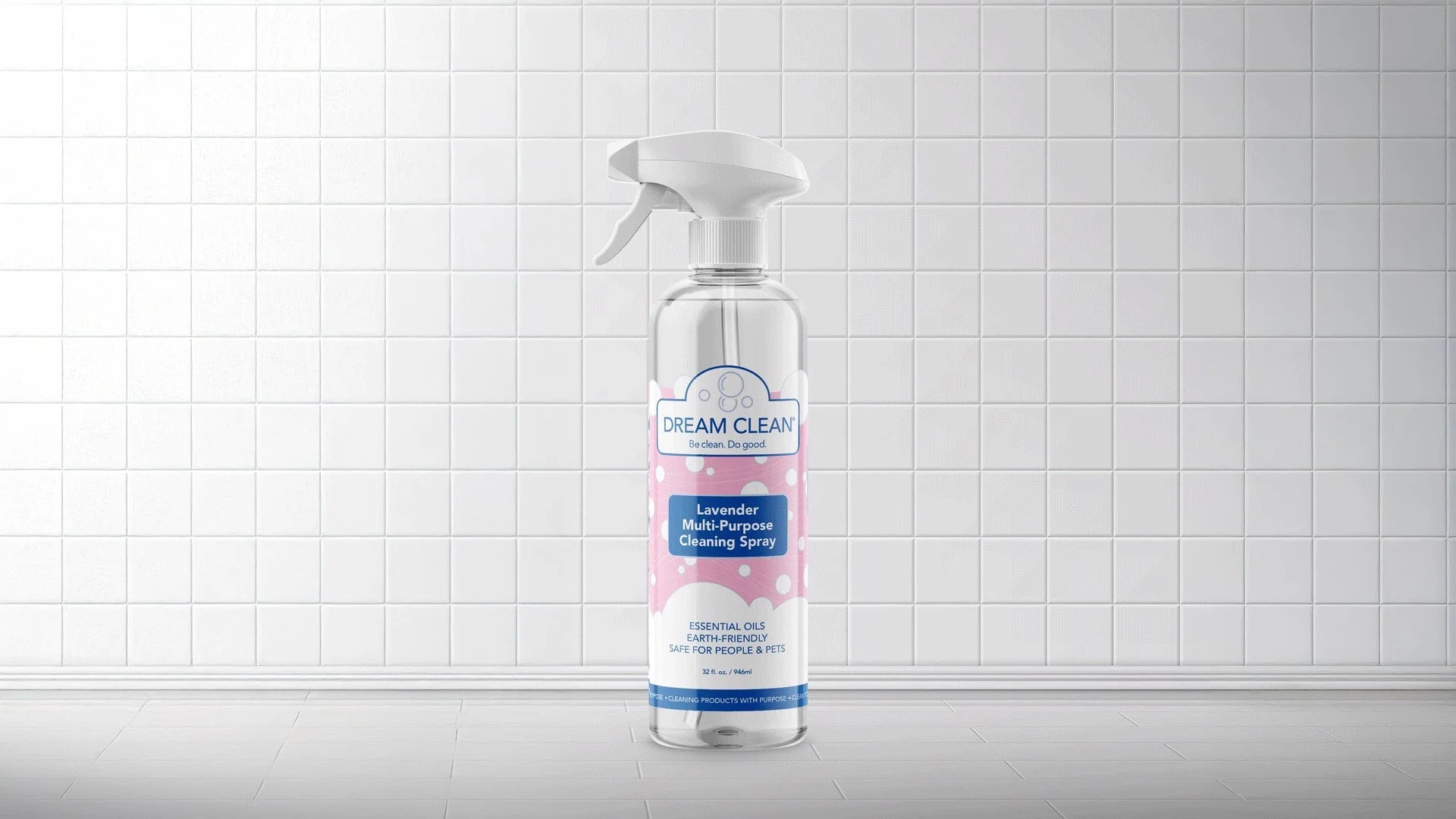 Dream Clean redesigned lavender cleaning spray bottle, label facing forward