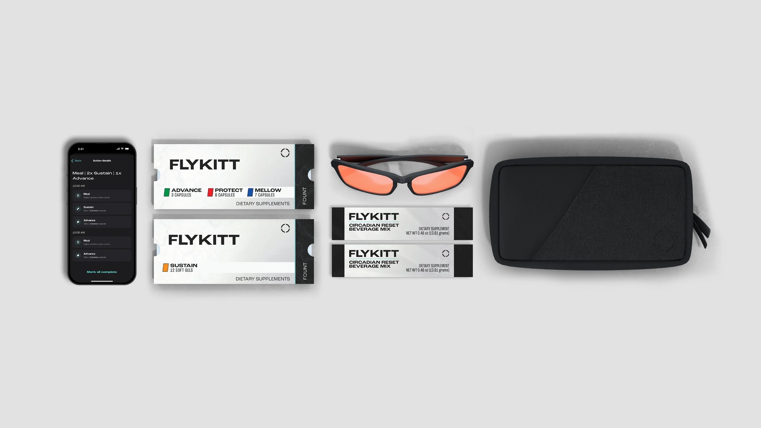 FlyKitt packaging bundle with app UI and product renders