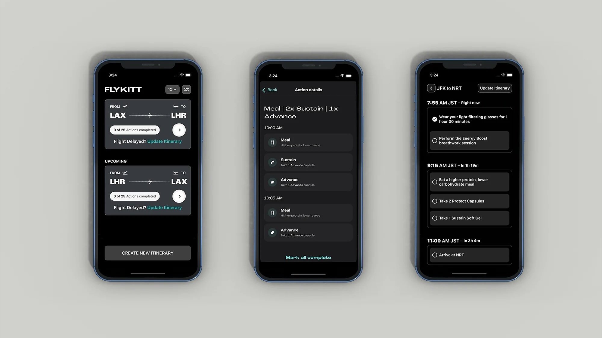 FlyKitt app screens shown on three phones