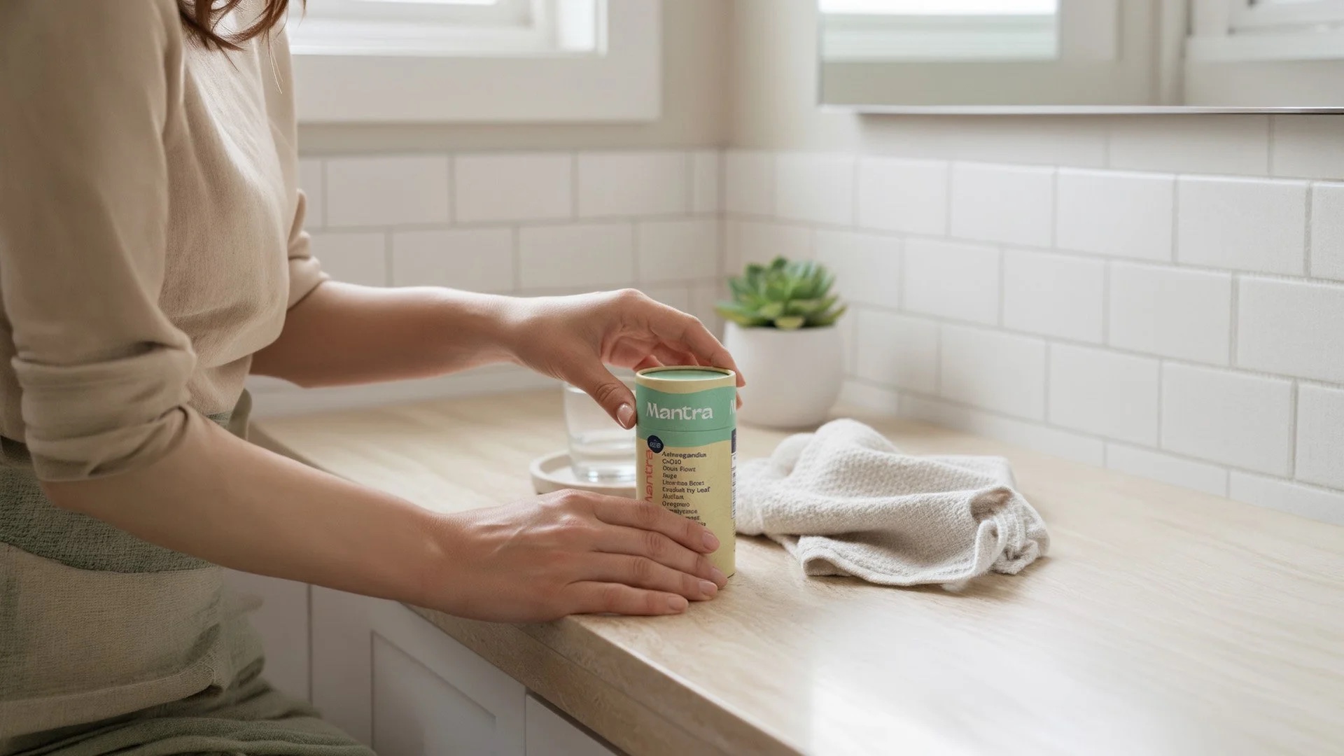 Hands using Mantra product on a bathroom counter