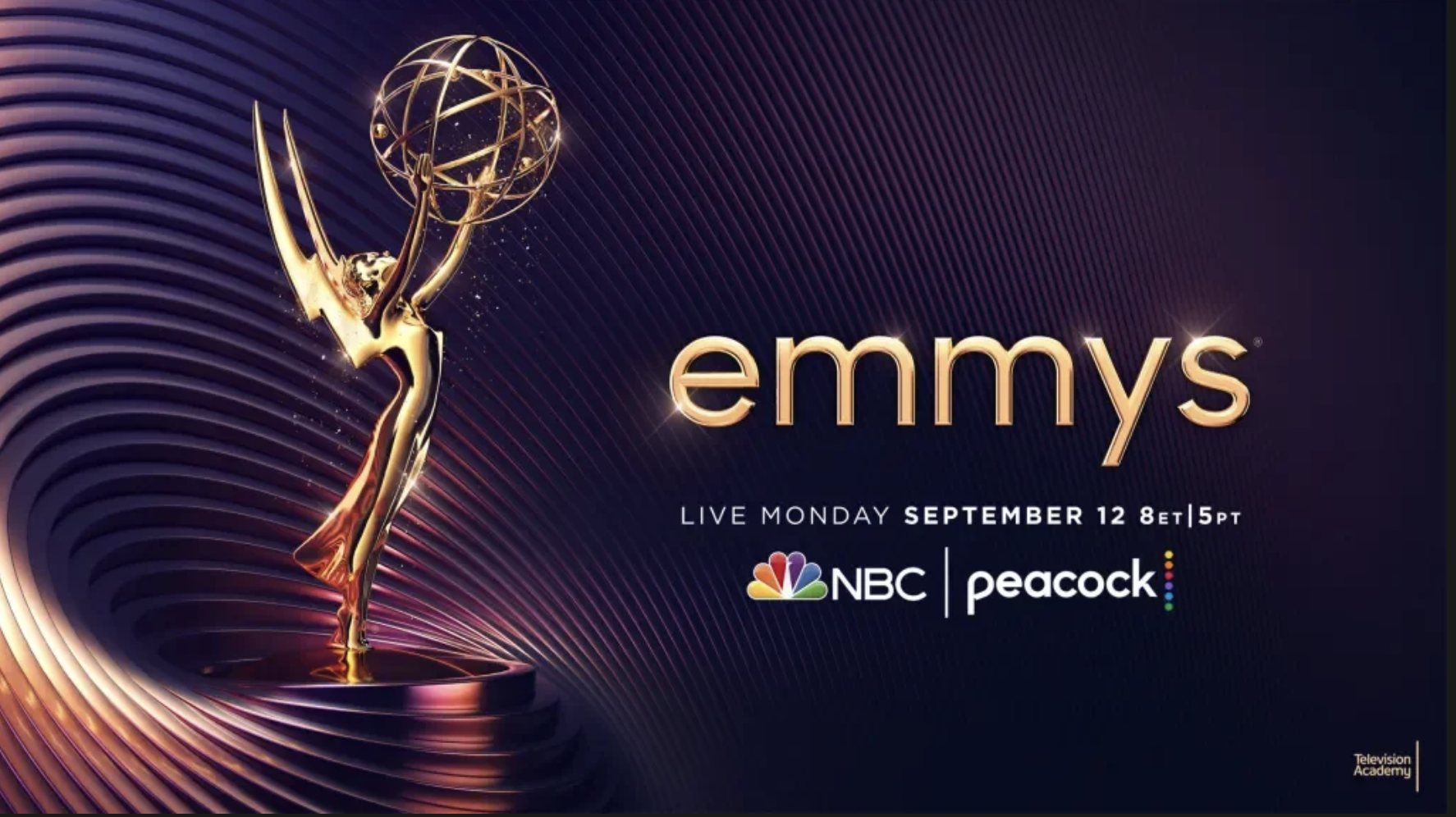 Emmys key art with statue, NBC and Peacock broadcast branding